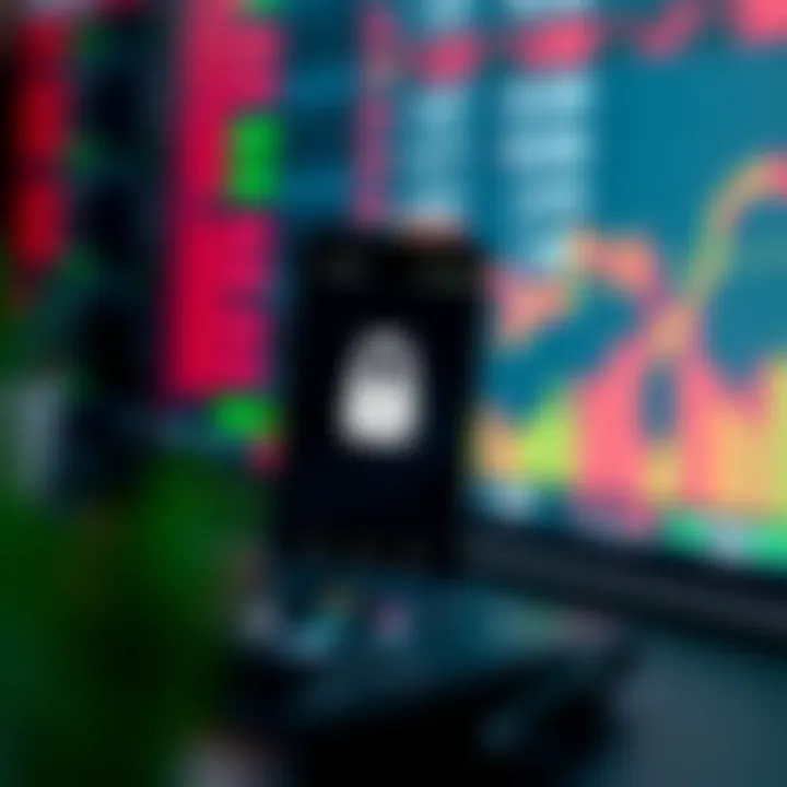 Secure trading environment with encryption symbols and mobile phone displaying Indian stock exchange data