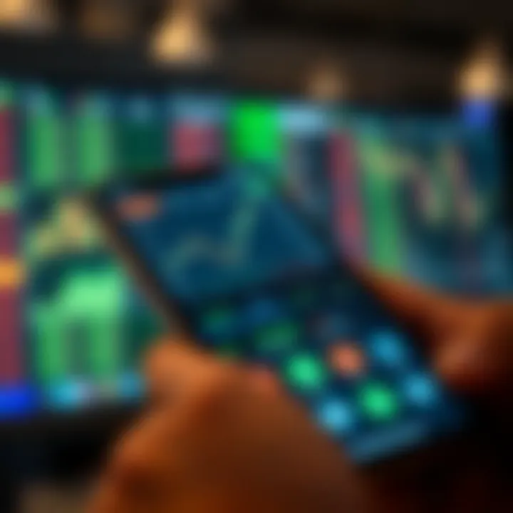 Mobile phone displaying a demo trading app interface with charts and market data