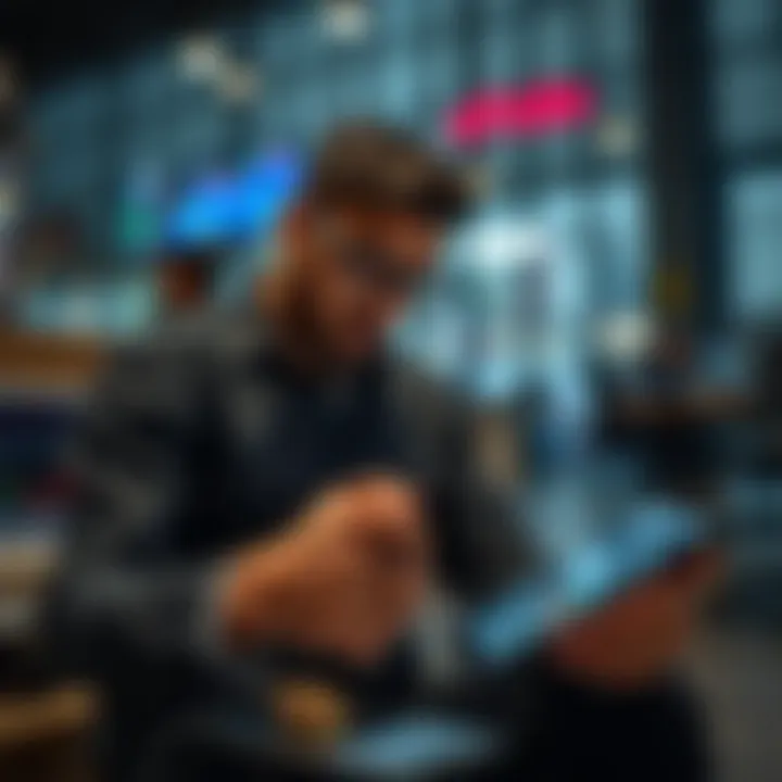 Conceptual illustration of budget-conscious trader evaluating app features on tablet with financial icons