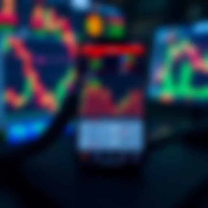 User interface showcasing colourful stock charts and trading options on a mobile device