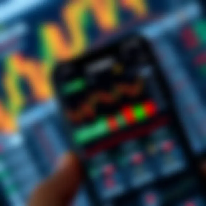 Mobile device displaying forex trading app interface with currency charts and market data