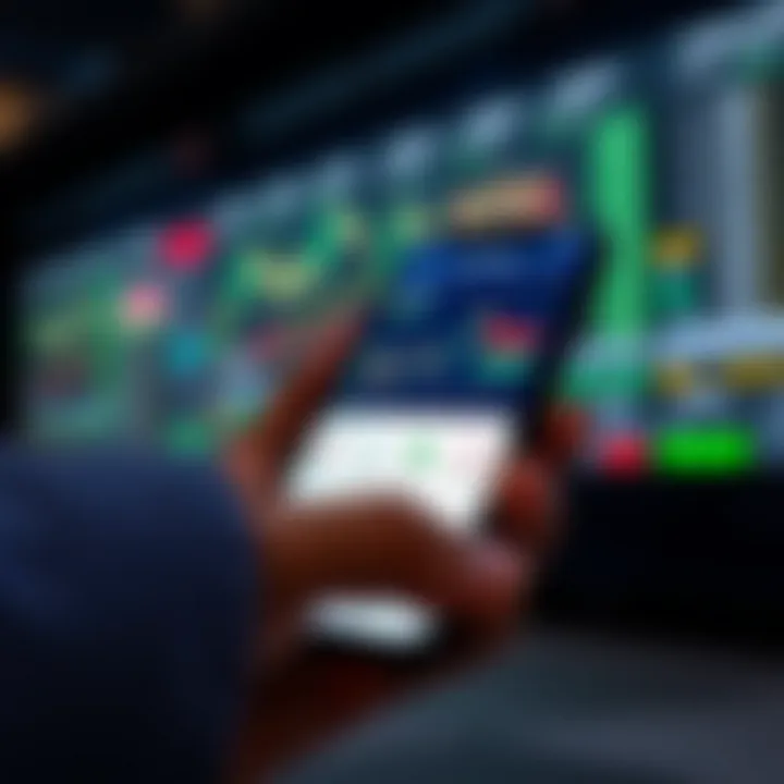 Mobile phone displaying trading app interface with stock market charts and minimum deposit options