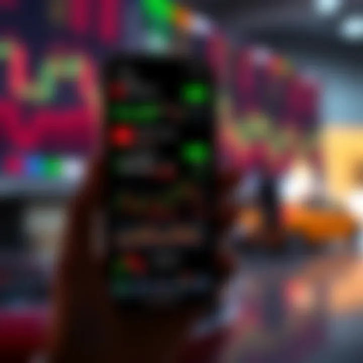 Smartphone displaying various stock market charts and trading app interface