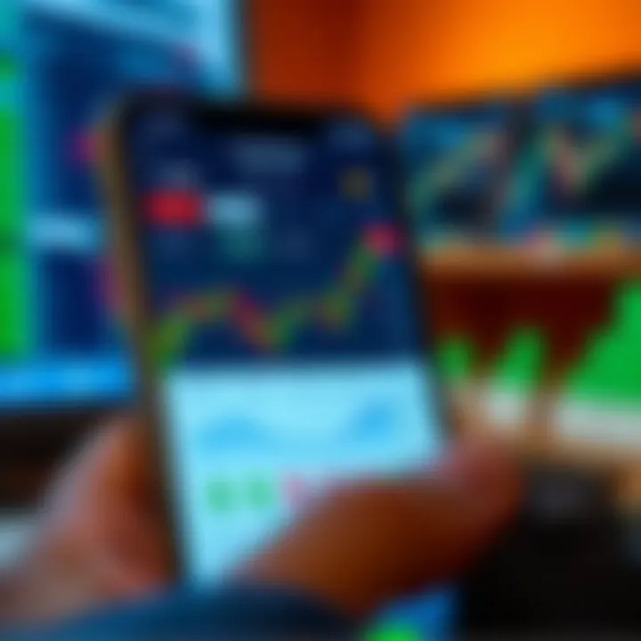 Mobile phone showing interface of a trading application with candlestick chart and portfolio statistics