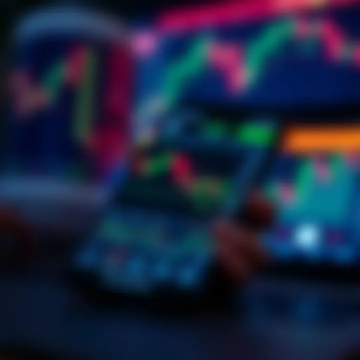 Mobile phone screen displaying a user-friendly trading application interface with candlestick charts and market indicators