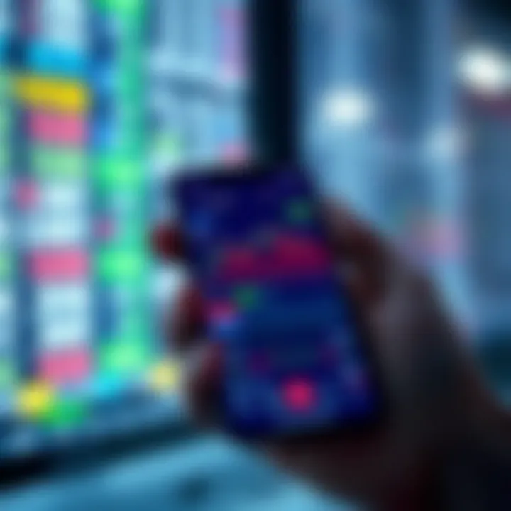 Smartphone displaying a stock trading app interface with colorful charts and investment options