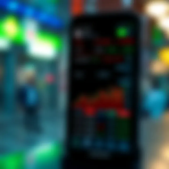 Mobile Trading App Interface Featuring Real-Time Stock Data Smartphone screen displaying a mobile trading app interface with stock prices and charts