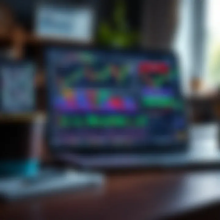 Visual representation of online learning with a laptop displaying trading charts and educational content