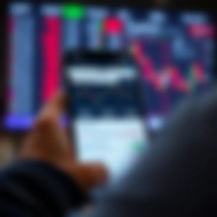 User interface of a trading app showing stock charts, fee details, and customer support options