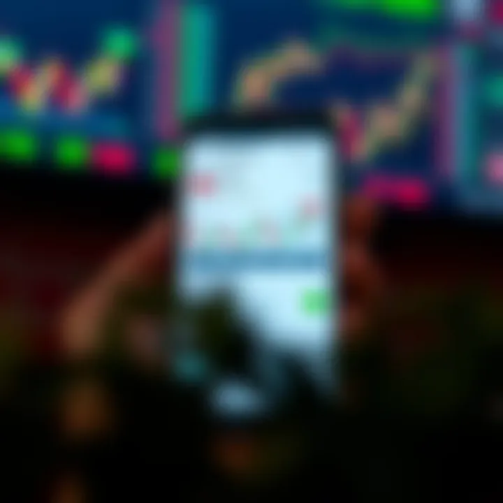 Mobile phone displaying currency trading app interface with charts and currency pairs