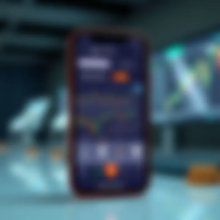 Mobile phone displaying a user-friendly trading app interface with charts and currency symbols