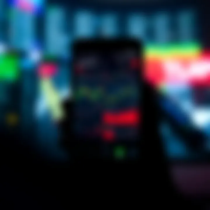 Mobile device displaying various market trading app interfaces with stock charts and analytics