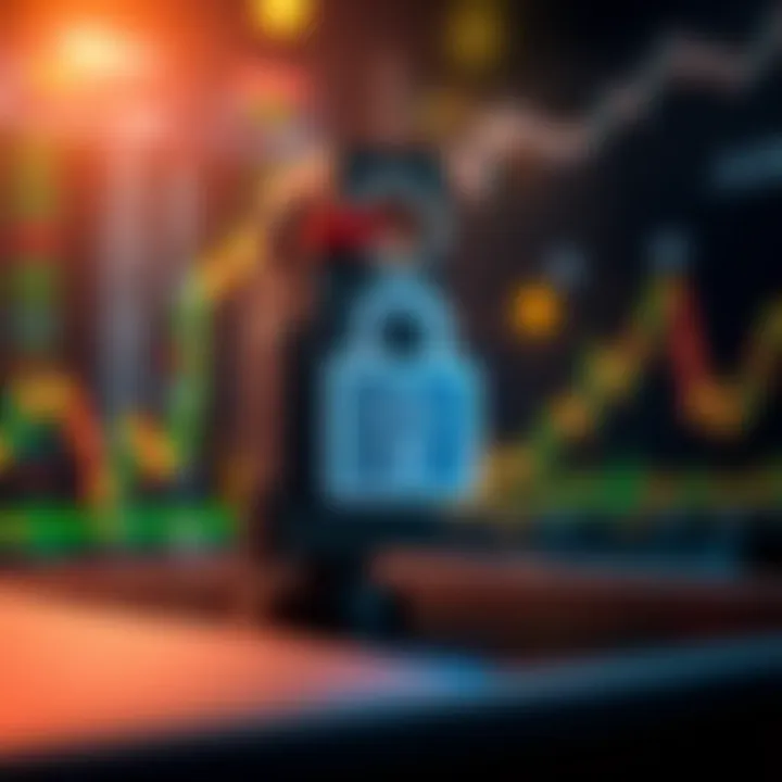 Conceptual illustration of secure online transactions with digital lock and stock market symbols