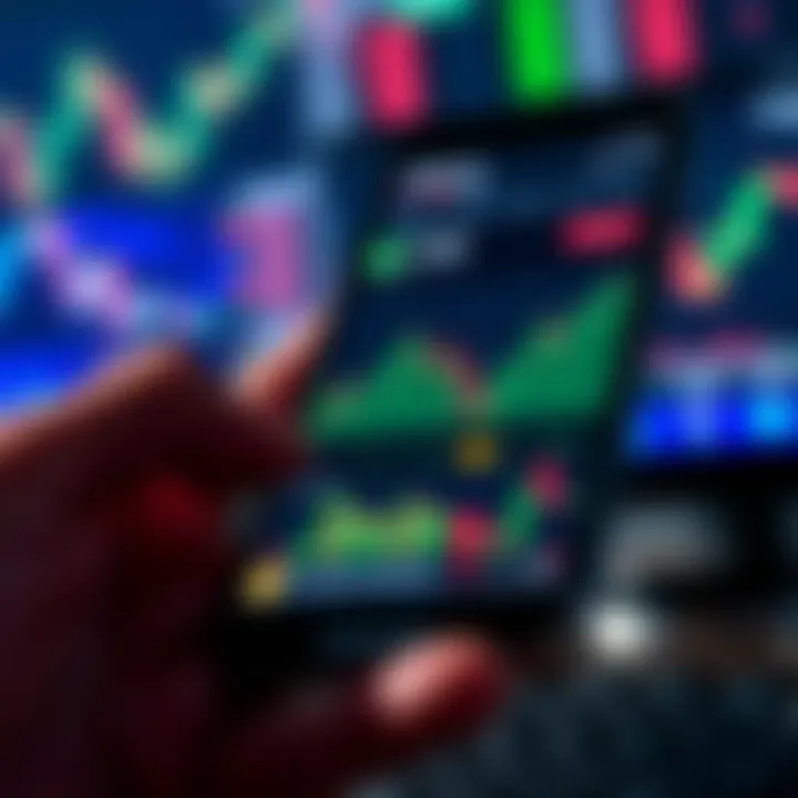 Mobile phone displaying a stock trading app interface with graphs and market data