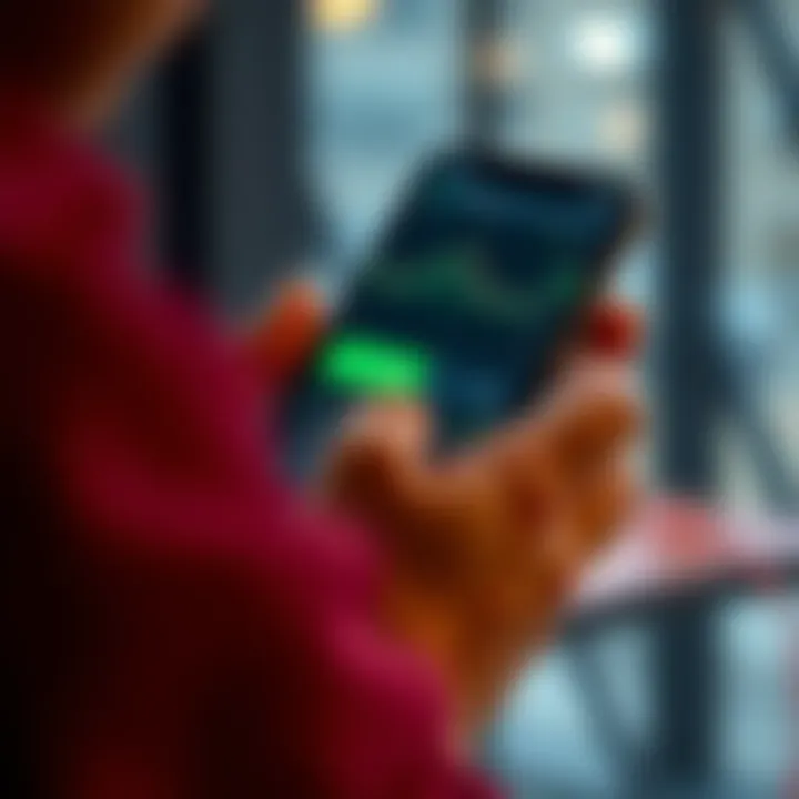 User interacting with a mobile trading application featuring charts and market data