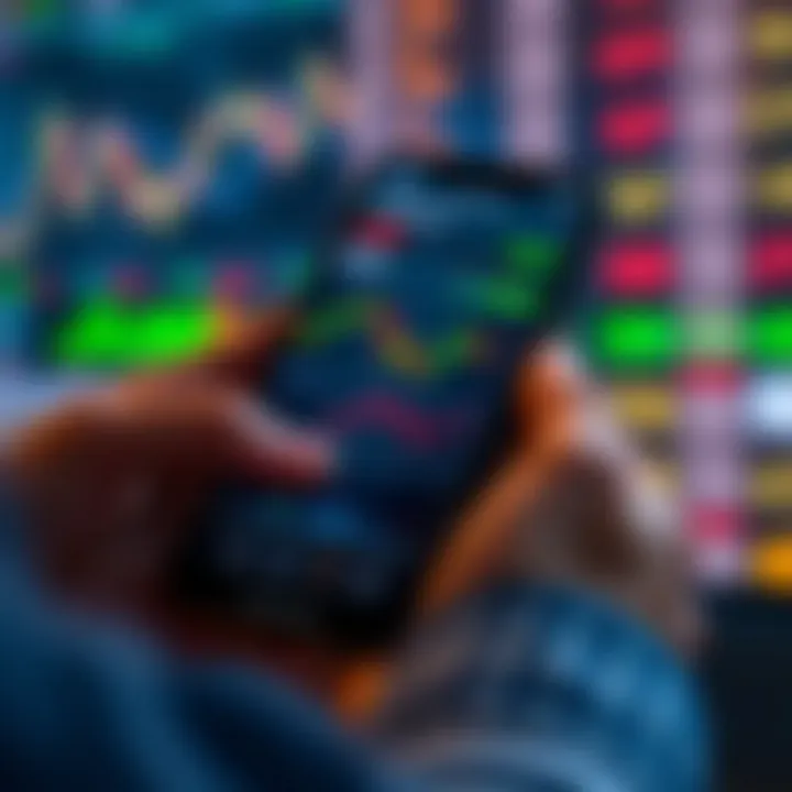 User navigating a trading app interface displaying stock charts and market data on a smartphone screen