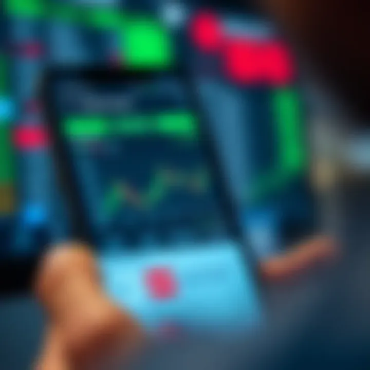 User interface of a mobile app showing live stock market charts and trading options