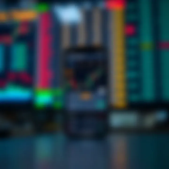 Illustration of a mobile trading application interface displaying stock market charts and data