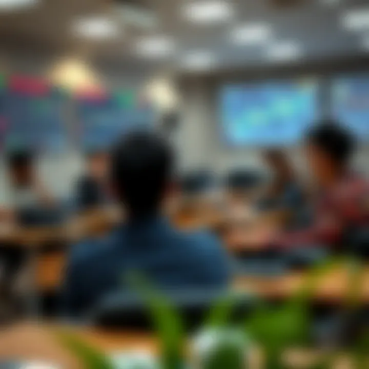 Classroom setting with students learning stock trading strategies