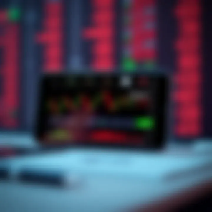 Mobile phone displaying stock charts and trading interface reflecting app features