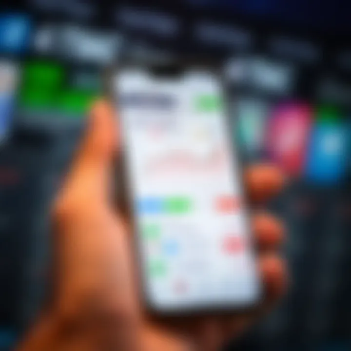 Mobile phone displaying a user-friendly interface of an Indian shares trading application with stock charts and buy-sell options