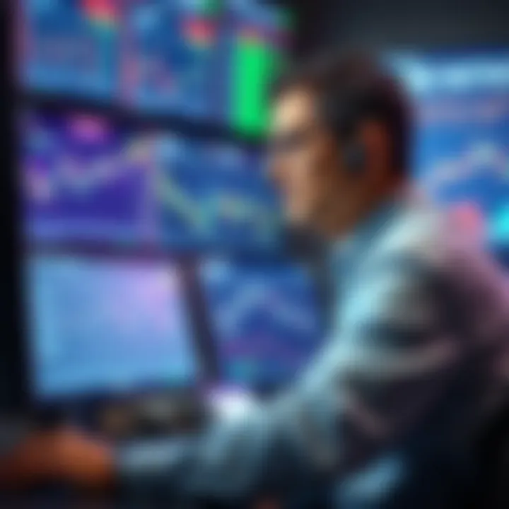 Trader analyzing multiple screens with market data and risk management tools