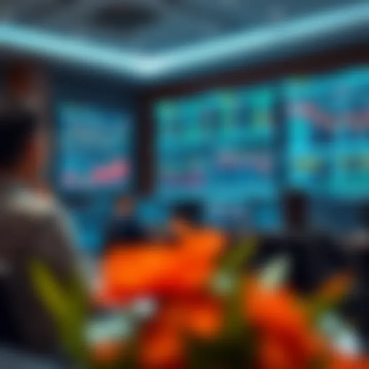 Illustration of a digital classroom showing options trading concepts on multiple screens