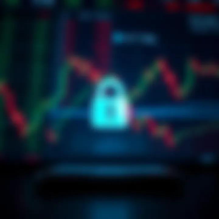 Secure online transaction with padlock icon over digital stock market data representing safety in trading apps
