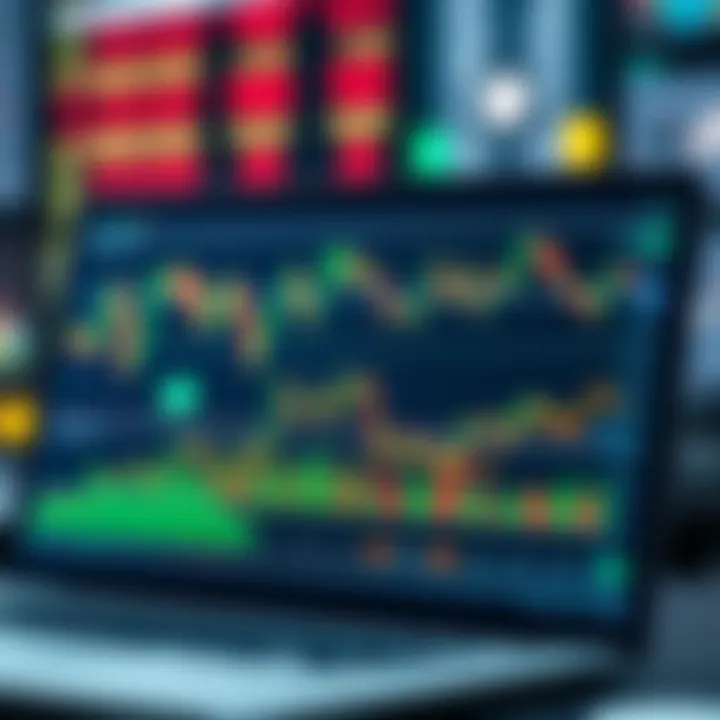 Illustration showing a digital trading platform interface with charts and graphs representing stock market trends