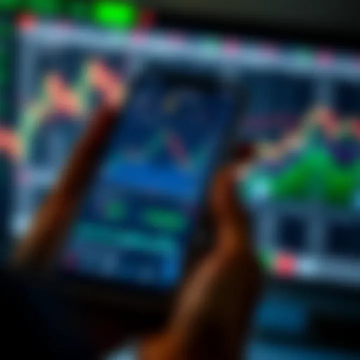 Mobile phone displaying a secure trading app interface with stock charts and market data