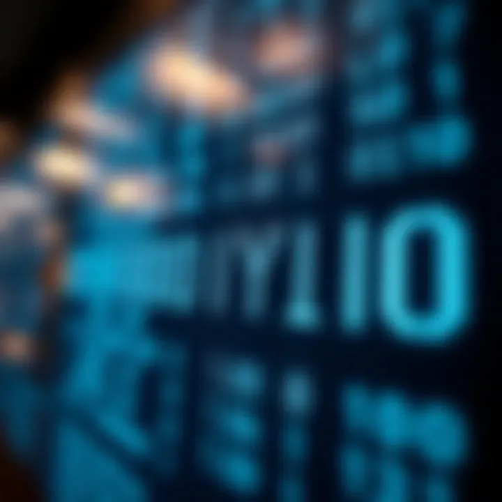 Illustration of binary code transforming into English text on a digital screen