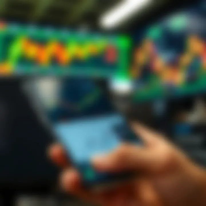 Mobile phone displaying a trading app interface with charts and stock prices