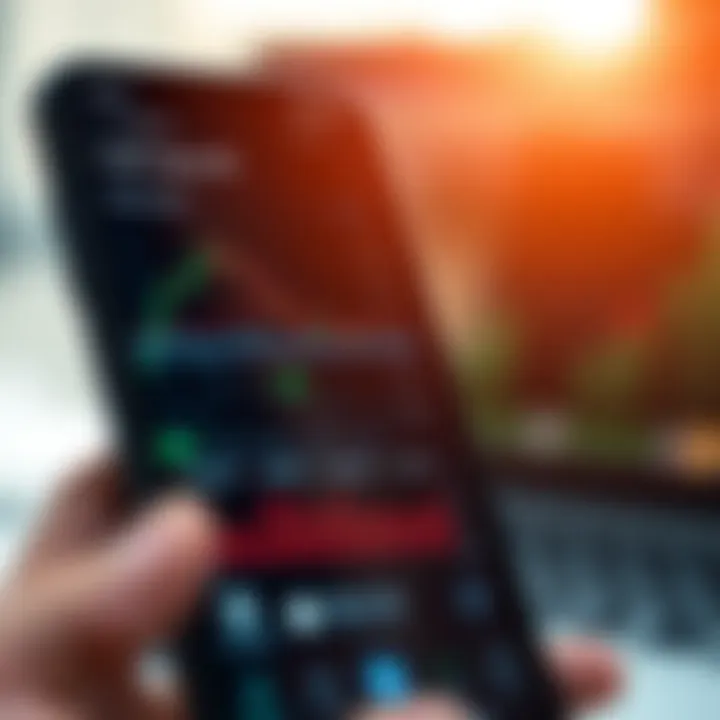 Mobile phone displaying financial charts and trading app interface with currency symbols