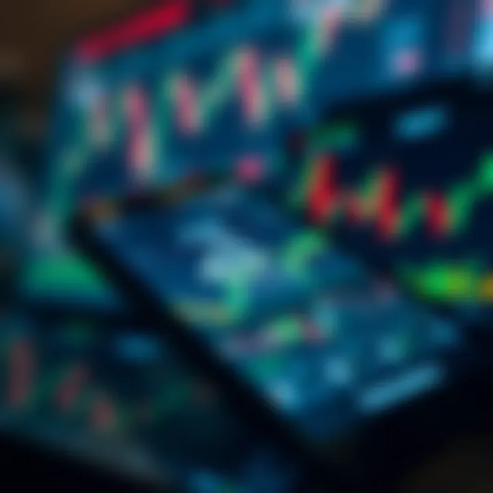Mobile device displaying a trading app interface with charts and graphs representing financial market data
