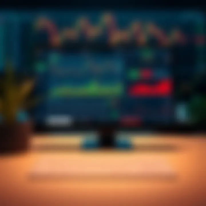 Illustration of a computer screen displaying a virtual trading dashboard with charts and data