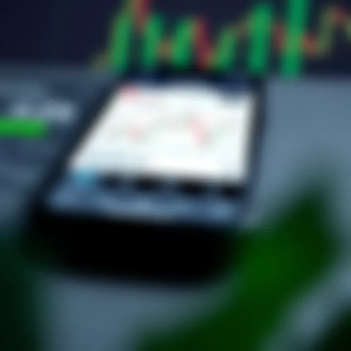 Illustration of a mobile phone displaying a stock trading app with market charts and virtual currency balance